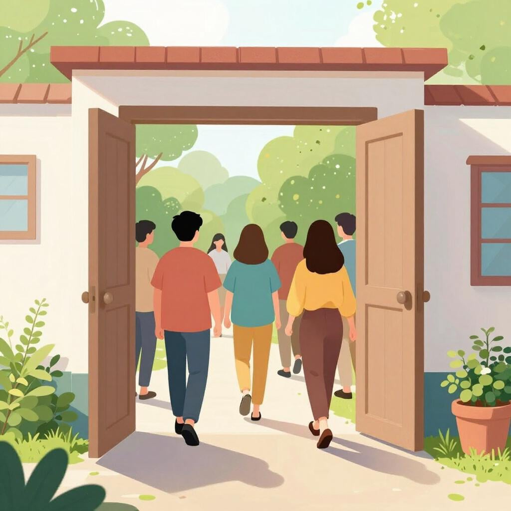 A group of people walking out of a large wooden door into a sunny garden.
