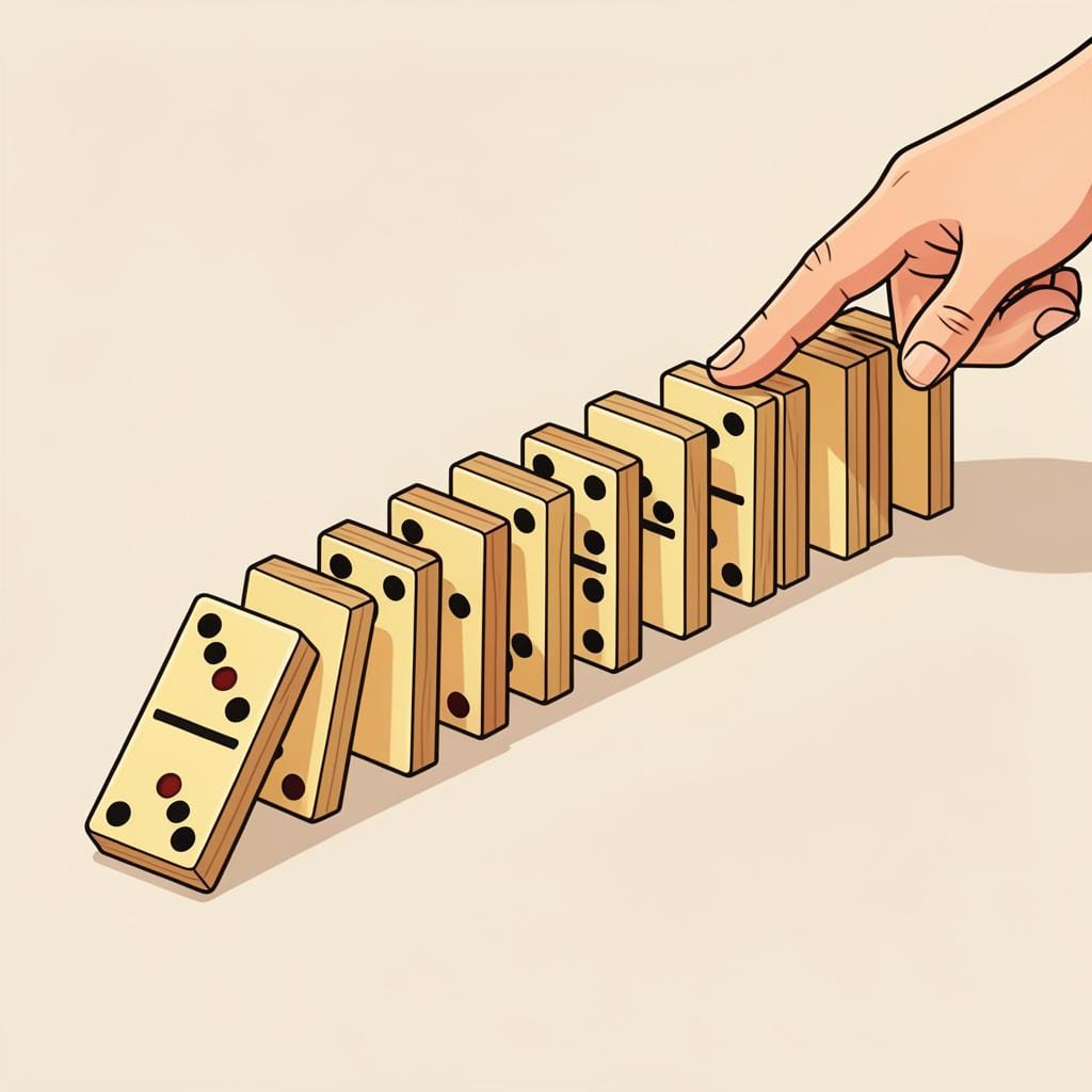 A row of colorful dominoes falling down one by one after the first one was pushed.