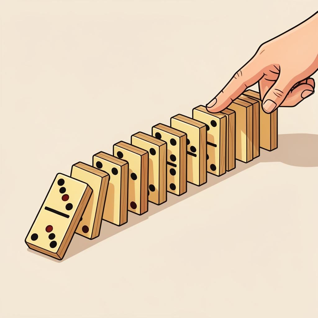 A row of colorful dominoes falling down one by one after the first one was pushed.