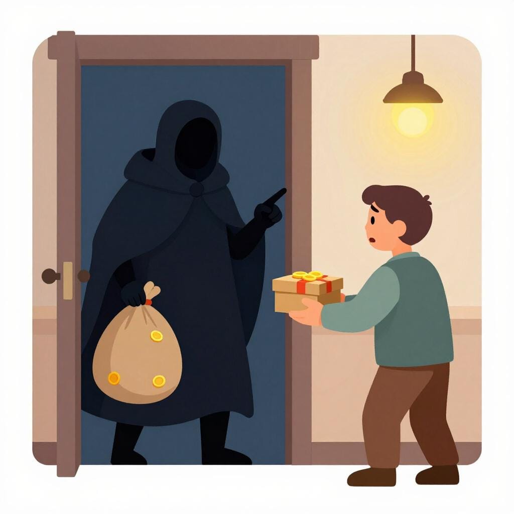 A storybook illustration of a shadowy figure holding a bag of gold coins while making a threatening gesture towards a worried shopkeeper.