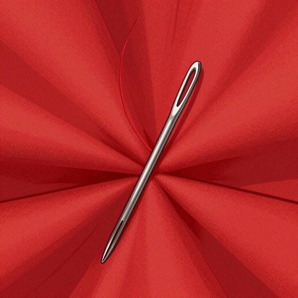 Une aiguille argentée et pointue traversant un morceau de tissu rouge souple.
