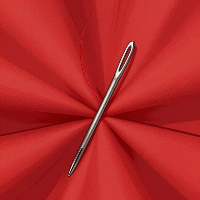 A sharp silver needle passing through a piece of soft red fabric.