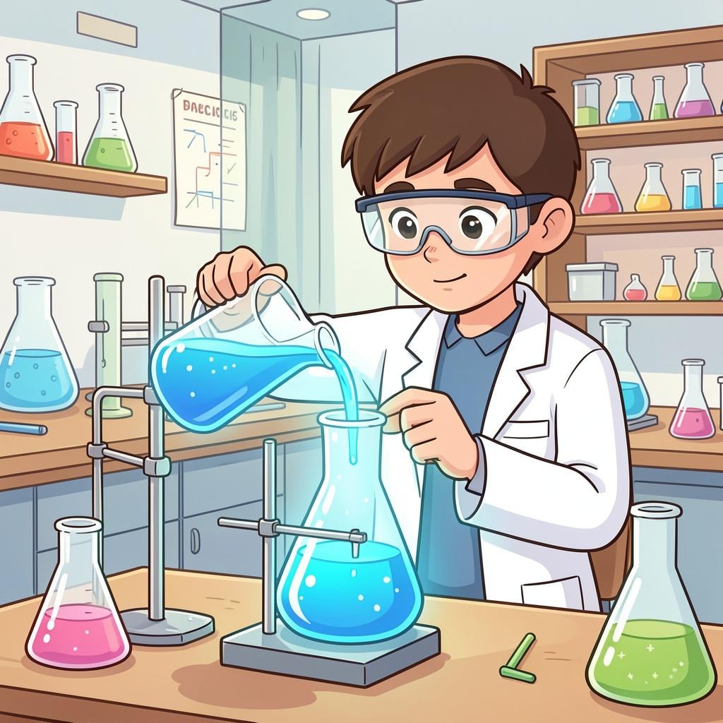 An illustration of a student in a laboratory carefully mixing colorful liquids in complex glass flasks.