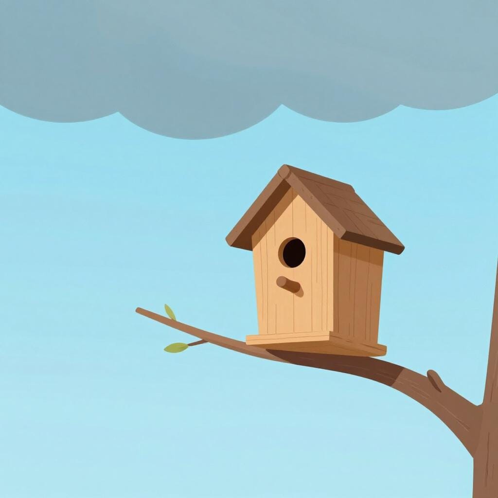 Ein kleines hölzernes Vogelhaus, das prekär auf einem dünnen, sich biegenden Ast über einer Pfütze sitzt.