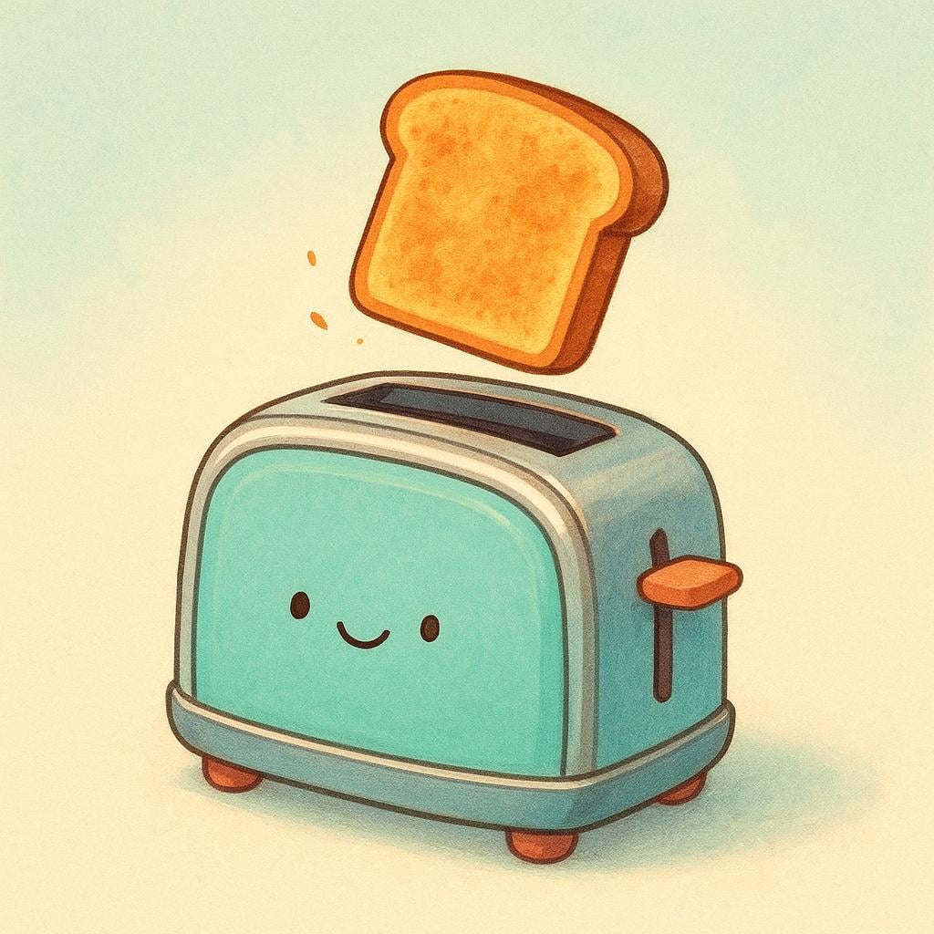 A colorful illustration of a smiling, simple toaster successfully popping up a slice of golden-brown toast.