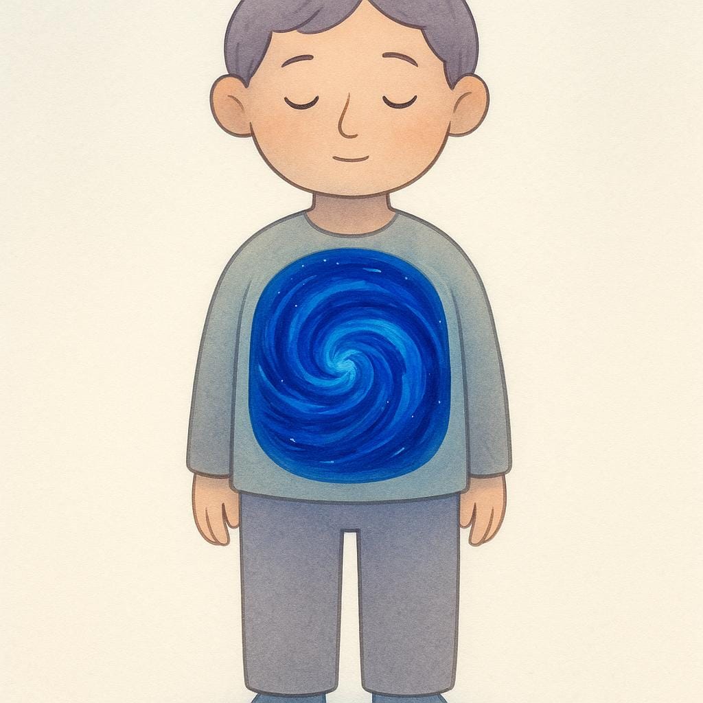 A simple, calm character standing upright. A transparent outline shows an intense, swirling blue color trapped inside the character's torso, representing restrained emotion.