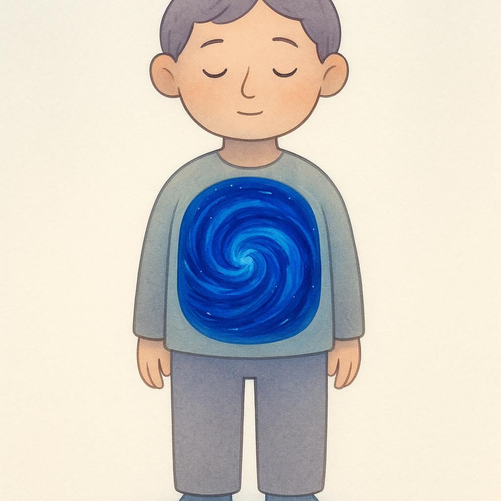 A simple, calm character standing upright. A transparent outline shows an intense, swirling blue color trapped inside the character's torso, representing restrained emotion.