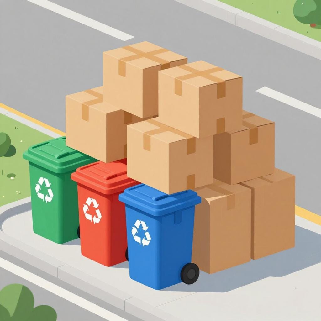 A pile of colorful recycling bins and discarded cardboard boxes.