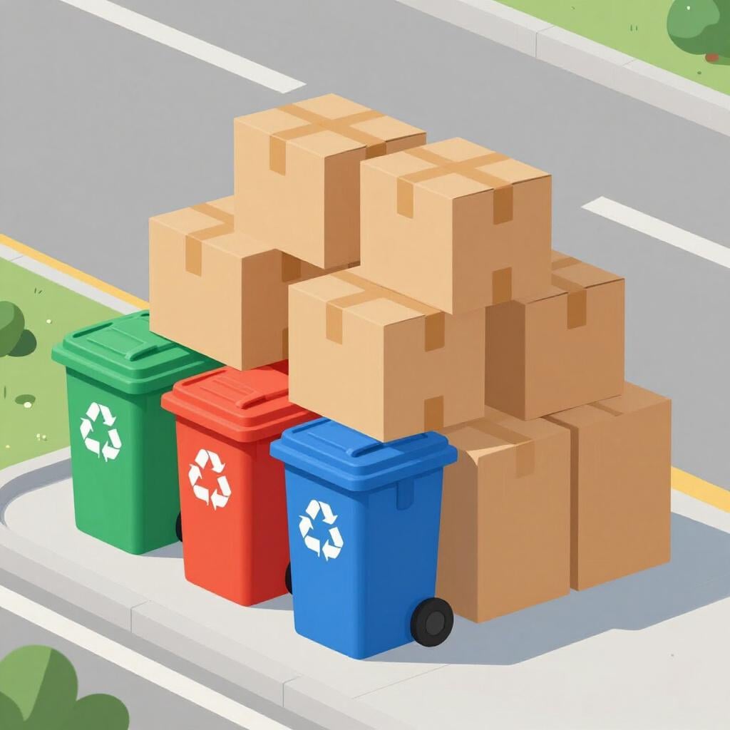 A pile of colorful recycling bins and discarded cardboard boxes.