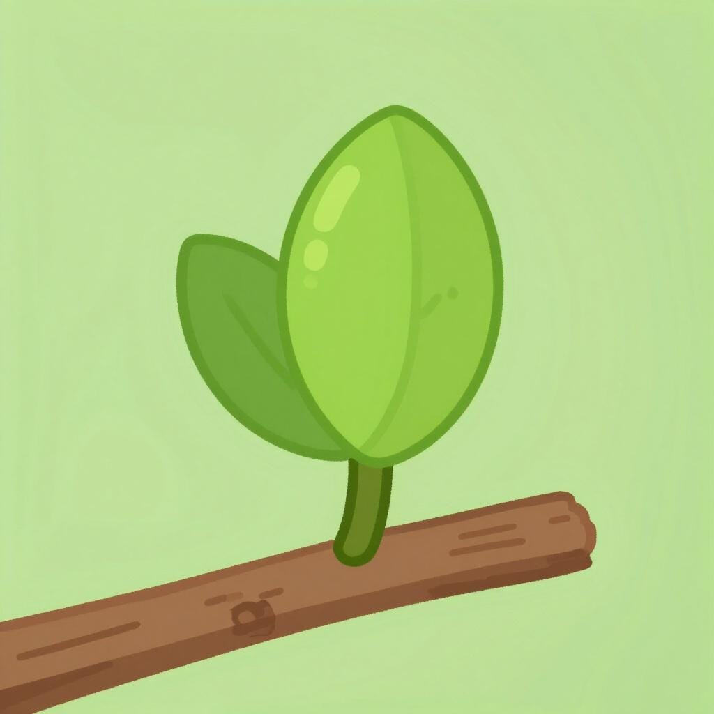 A small green bud growing on a brown tree branch.