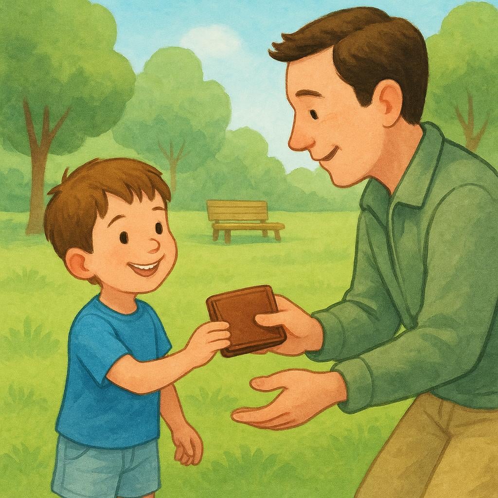 A child handing a lost wallet back to a person in a park.