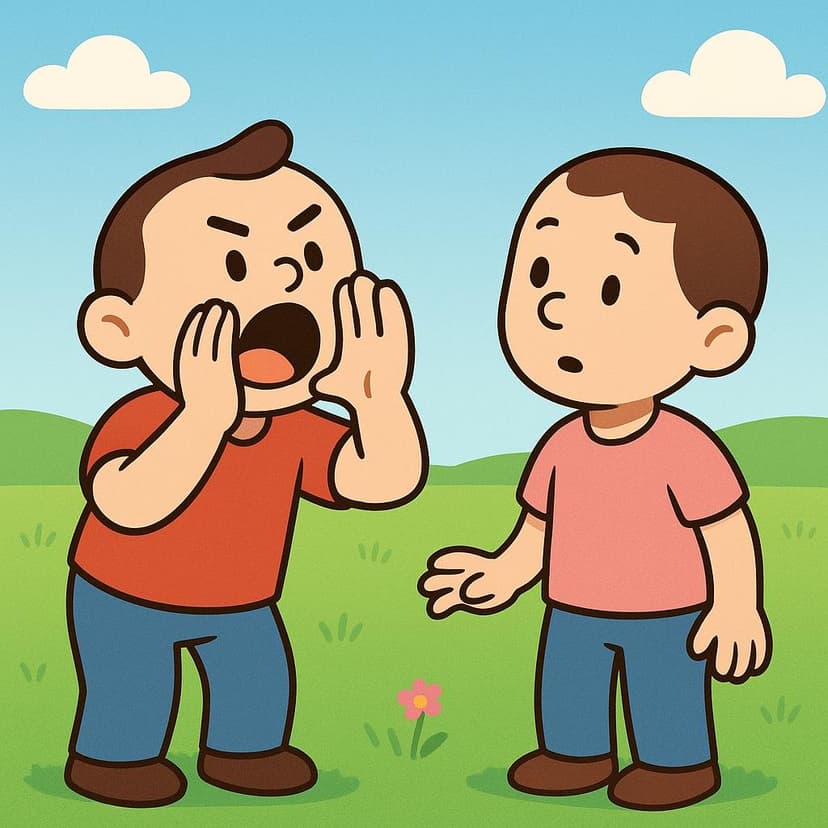 Two simple figures standing far apart in a sunny, open field. One figure cups their hands around their mouth and shouts towards the other figure.