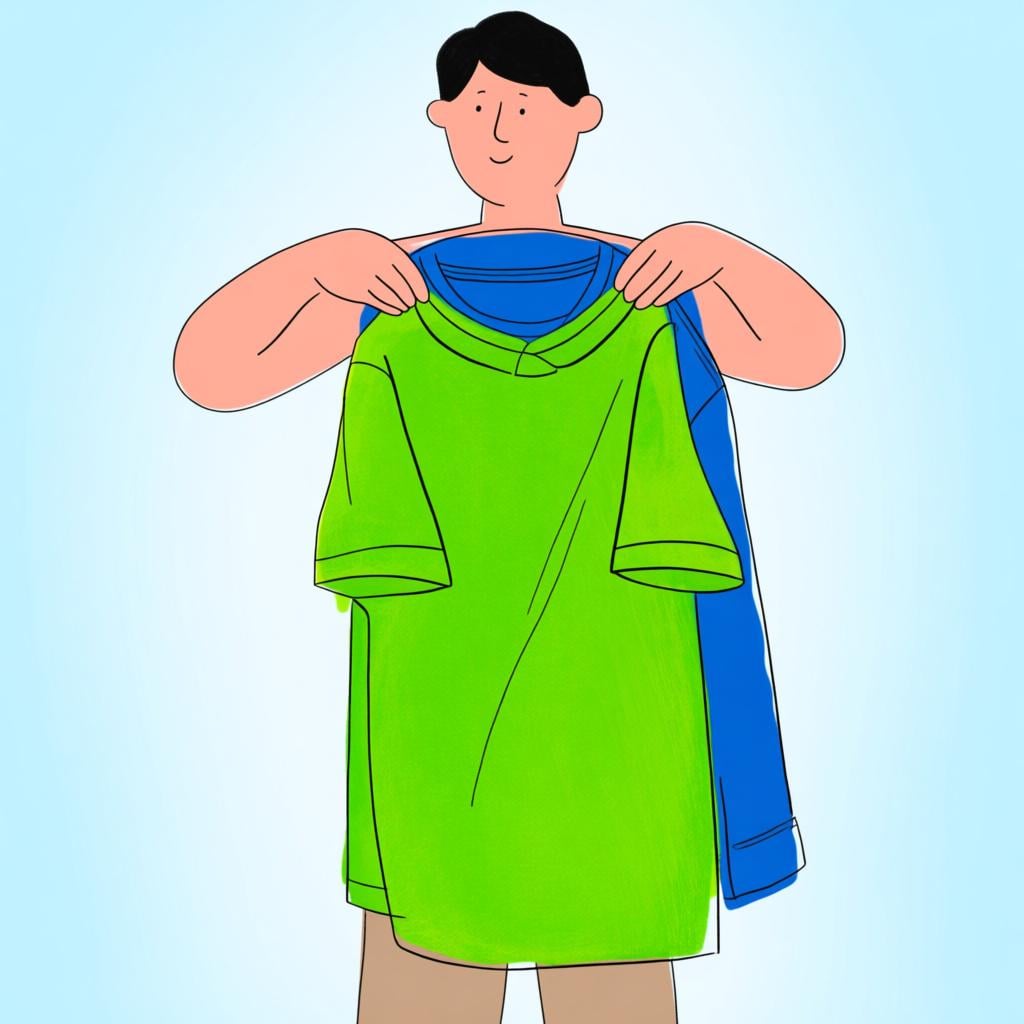 A person standing and actively holding a green shirt, indicating they are in the process of replacing the blue shirt they are currently wearing.