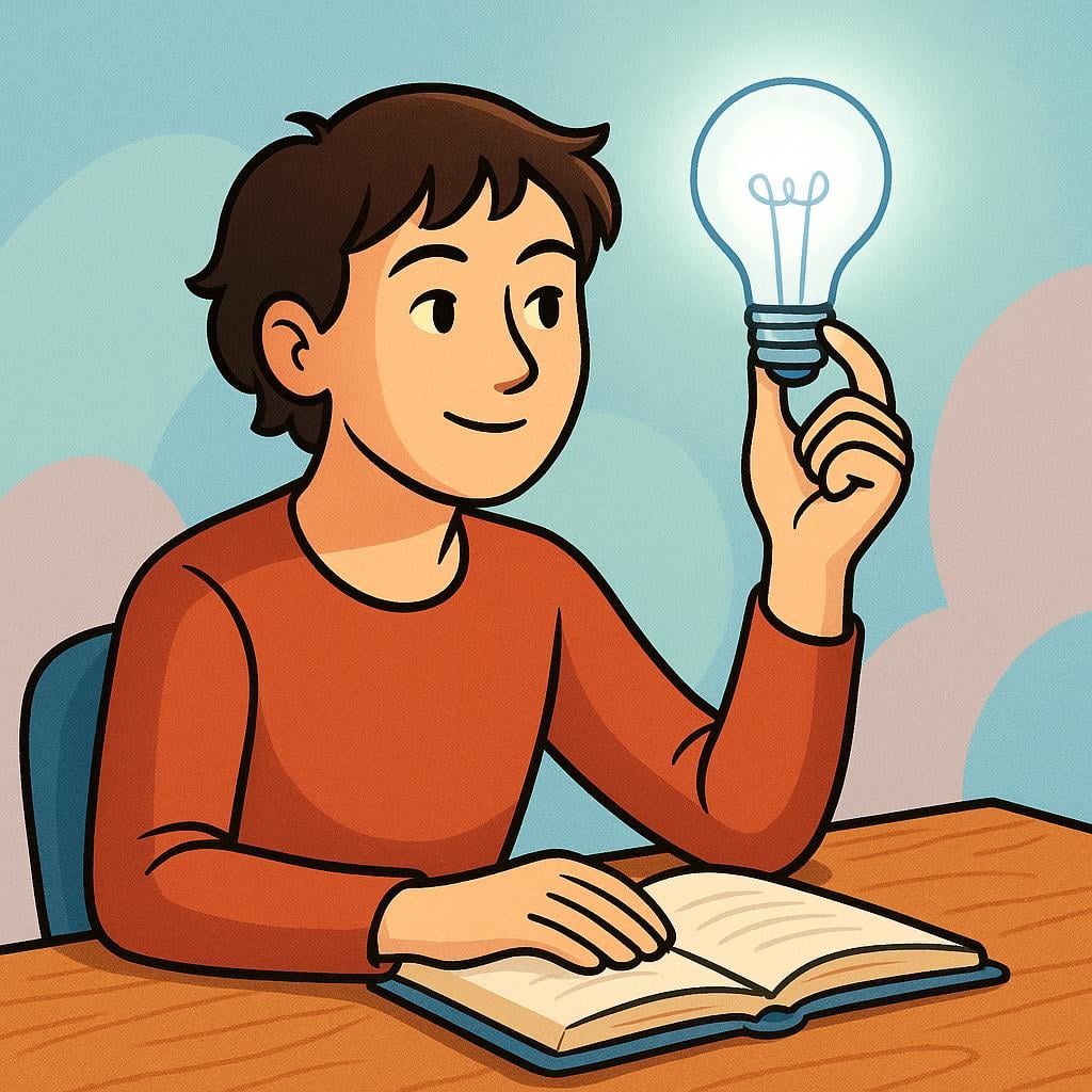 A focused person sitting at a desk with a brightly glowing lightbulb above their head, symbolizing a brilliant idea.