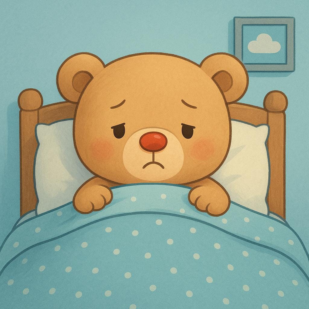 A simple storybook drawing of a teddy bear sick in bed, symbolized by a red nose and a blanket pulled up to its chin.