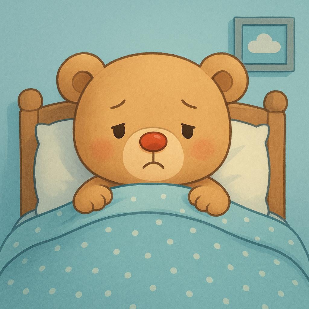 A simple storybook drawing of a teddy bear sick in bed, symbolized by a red nose and a blanket pulled up to its chin.