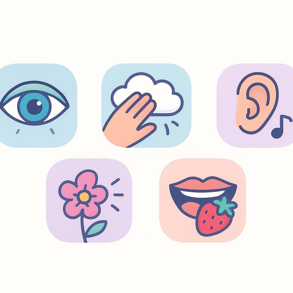Five colorful icons representing the five physical senses: a large open eye for sight, a hand touching a soft cloud for touch, a nose sniffing a flower for smell, an ear hearing a musical note, and a mouth tasting a strawberry.