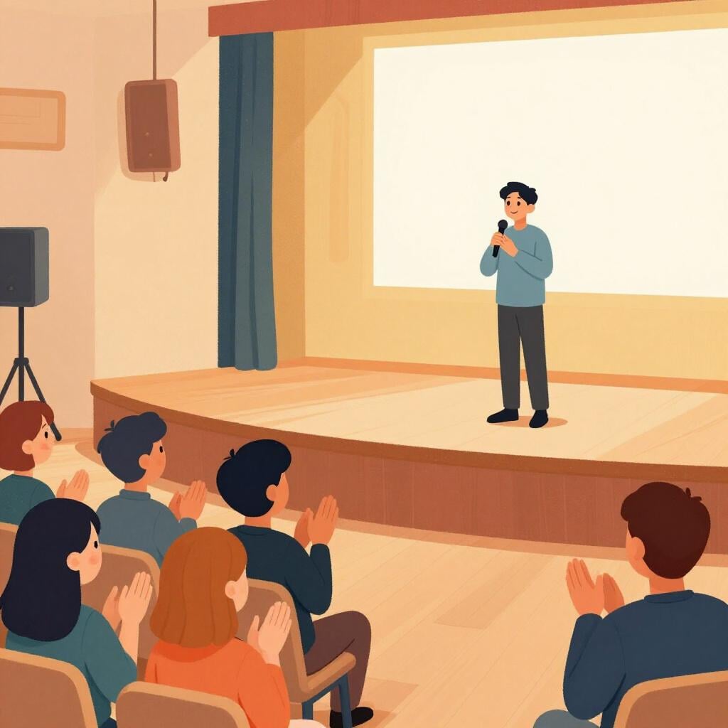 A person standing on a stage while a crowd of people clap their hands in the foreground.