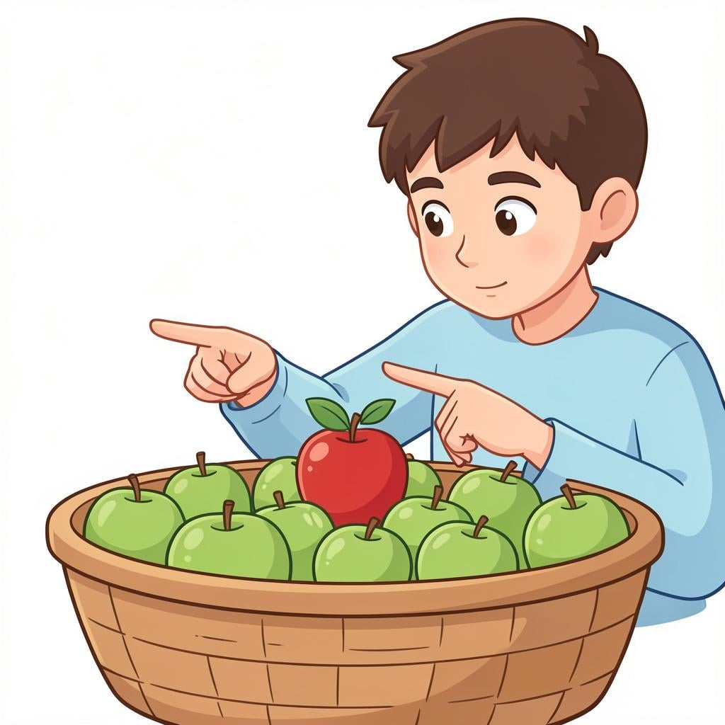 A person pointing their finger at a single red apple in a basket full of green apples.