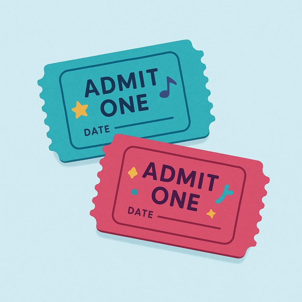 Two brightly colored admission tickets, labeled for an event, lying side by side.