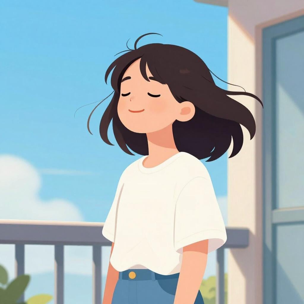 A person standing on a balcony breathing in fresh air with a peaceful expression.