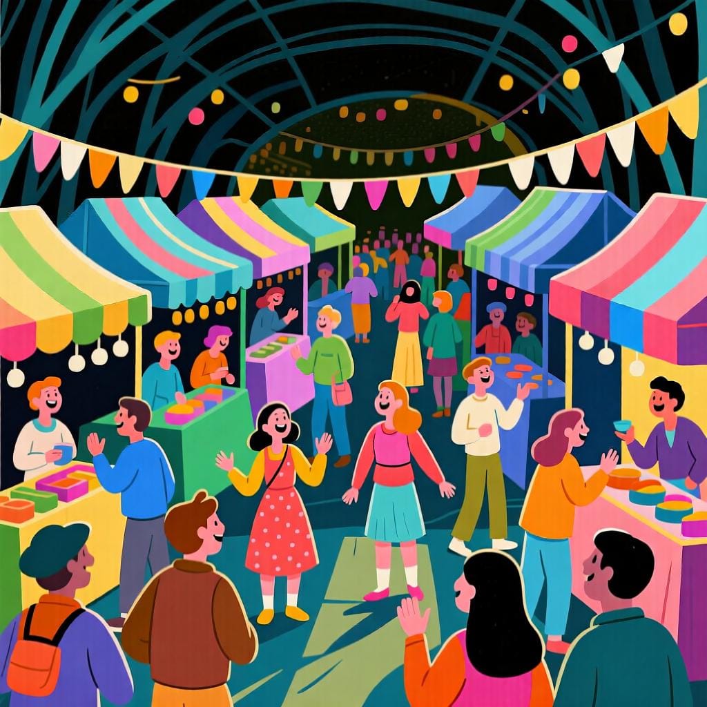 A bustling town square filled with people talking, laughing, and moving around, conveying a sense of energy and liveliness.