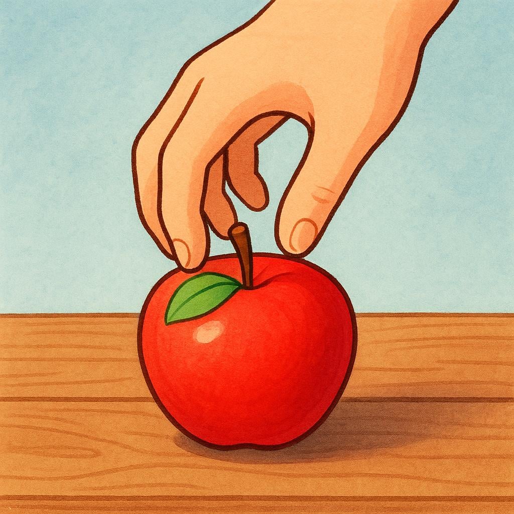 A hand reaching down and gently taking a single, colorful apple from a wooden table.