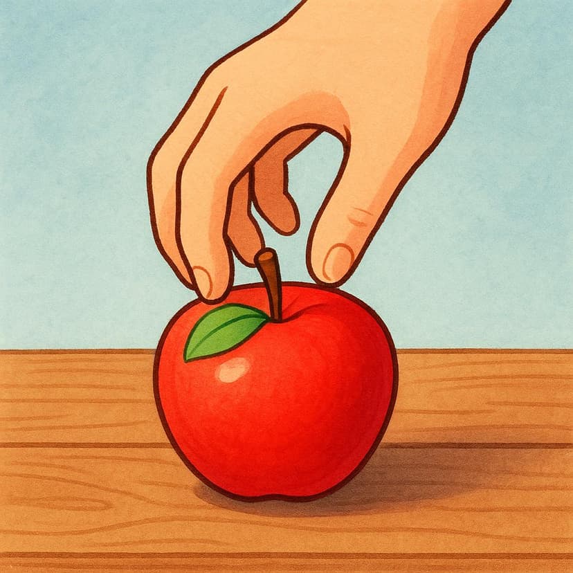 Eine Hand, die sich nach unten streckt und vorsichtig einen einzelnen, bunten Apfel von einem Holztisch nimmt.