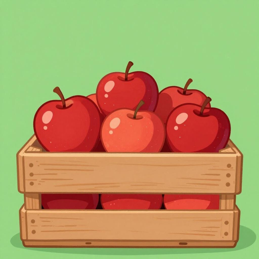 A wooden crate filled halfway with bright red apples, showing a specific limit.
