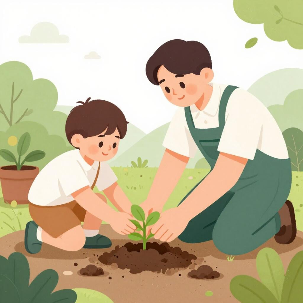 An adult showing a child how to plant a small green sprout in the soil.