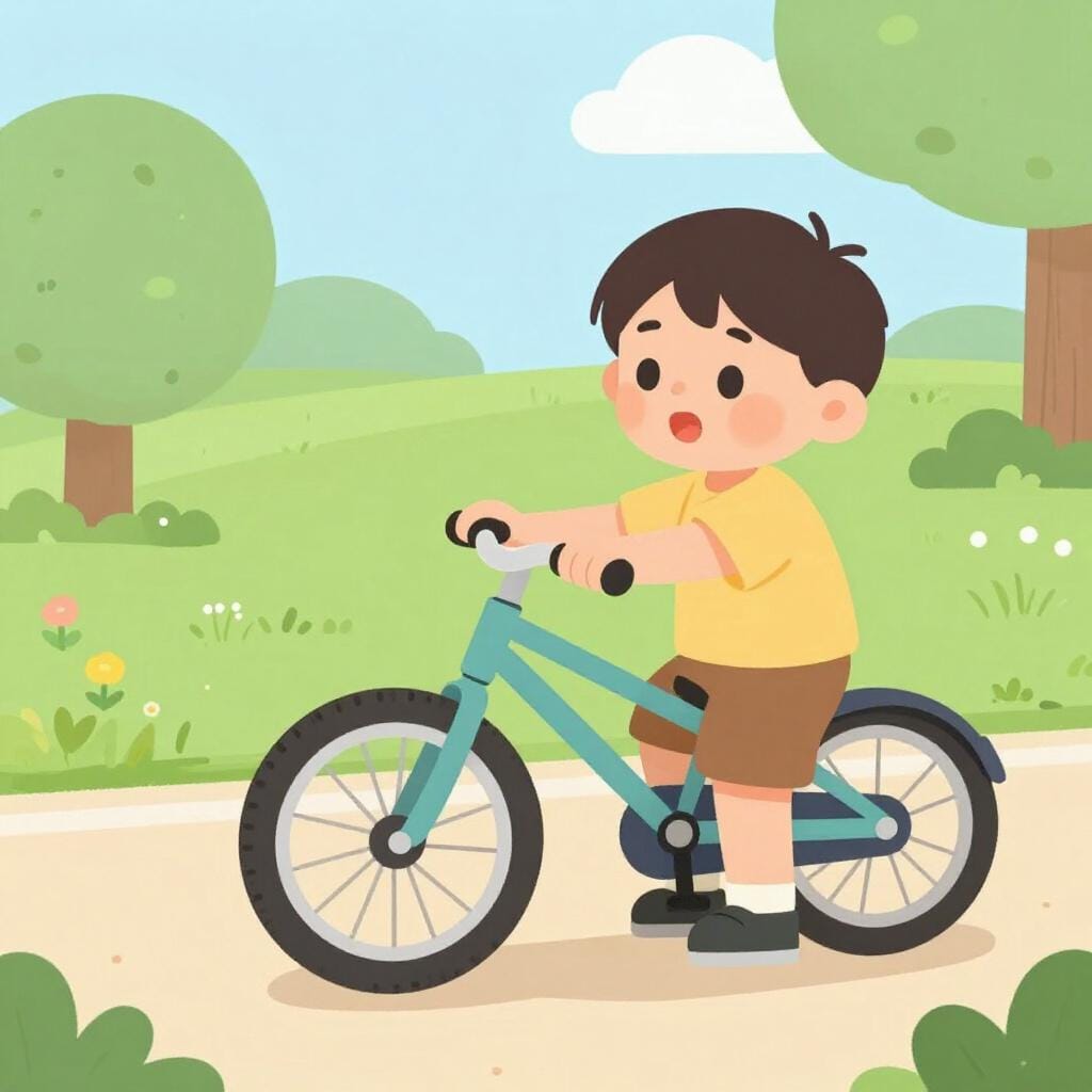 A child looking at a flat tire on a bicycle during a sunny day.