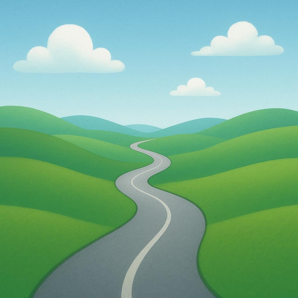 A long, winding dirt path stretching across green hills toward a distant, small mountain range under a bright blue sky.