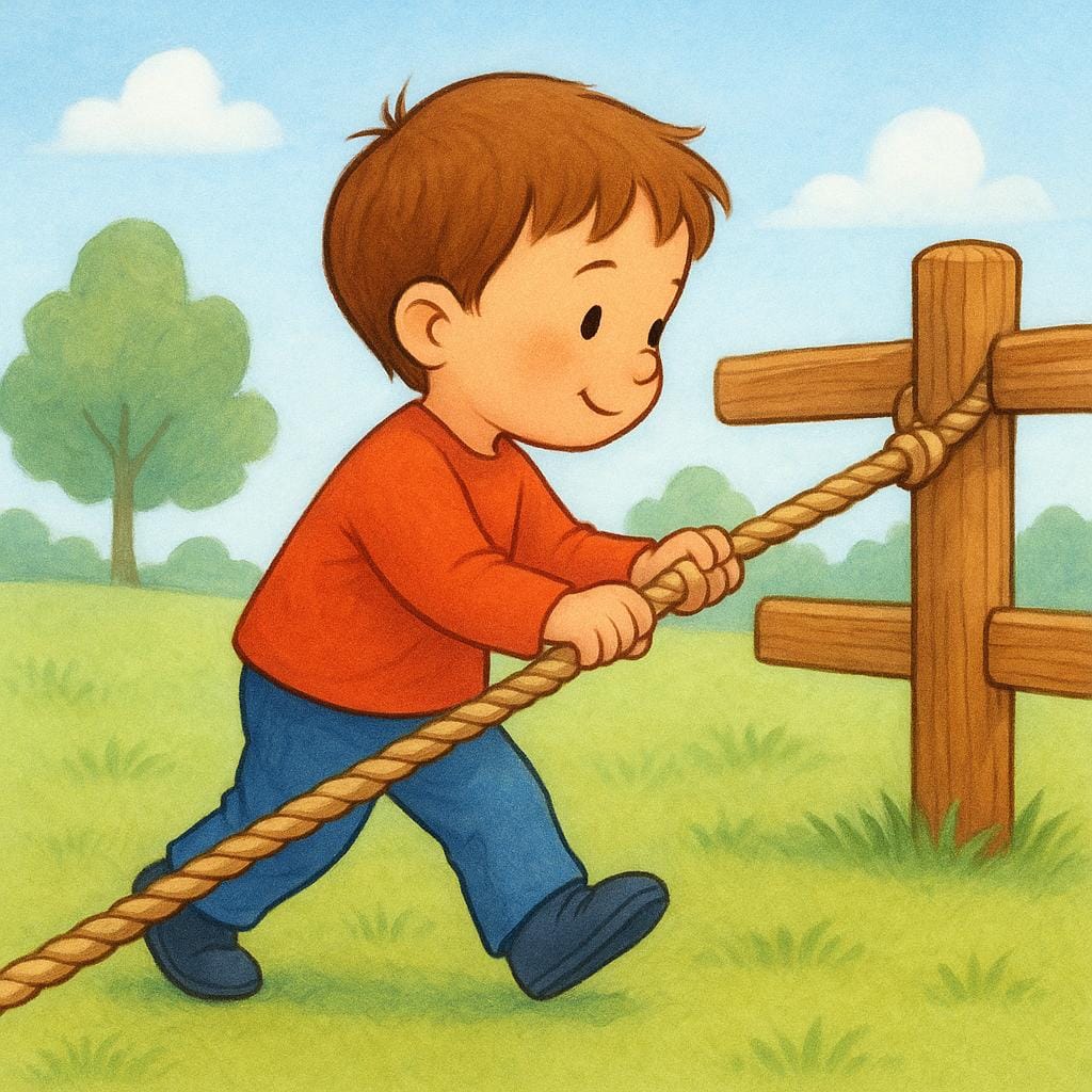 Un bambino che afferra saldamente una spessa corda attaccata a una recinzione di legno per stabilità.