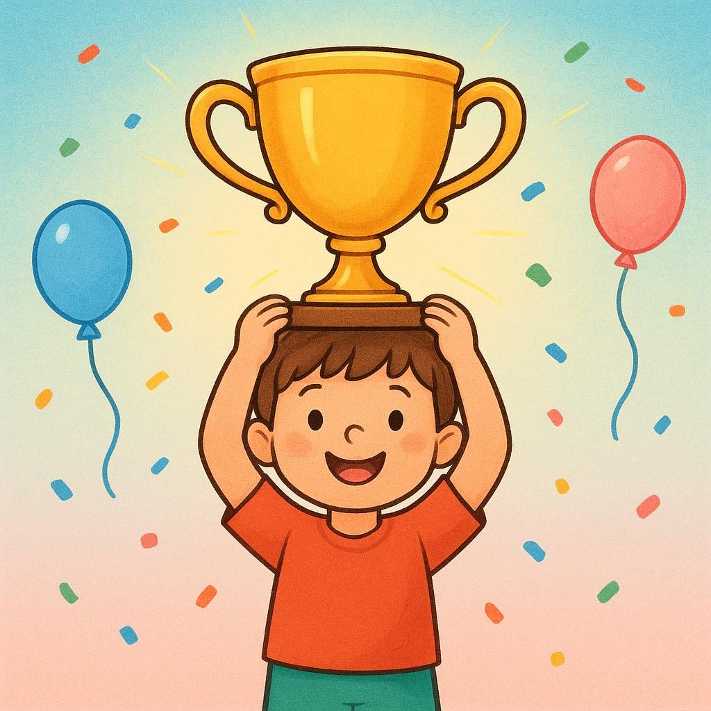A smiling child proudly holding a large, generic golden trophy above their head, symbolizing achievement.