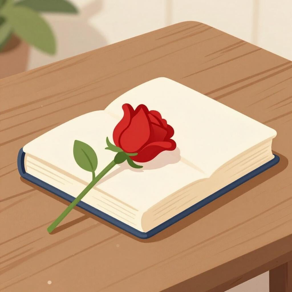 Ein geschlossenes Märchenbuch liegt auf einem Holztisch, daneben eine einzelne Rose, die das Ende einer Geschichte symbolisiert.