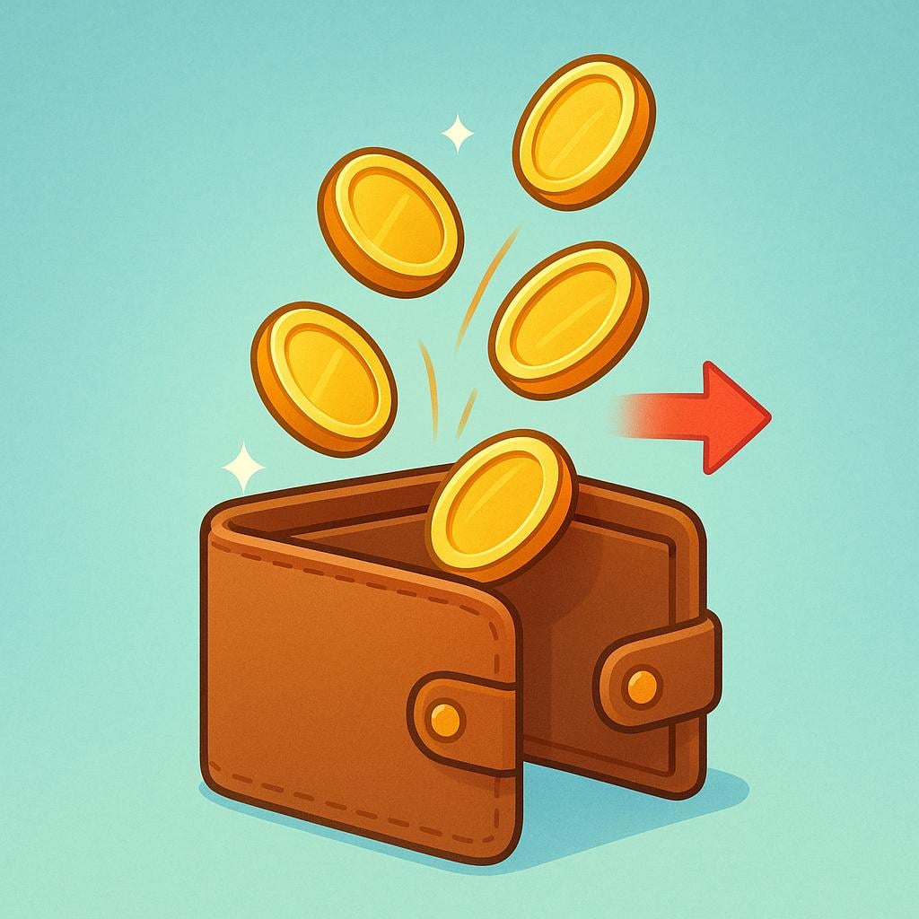 A storybook illustration of gold coins floating out of an open wallet with a red arrow pointing away, symbolizing money being debited or charged to an account.