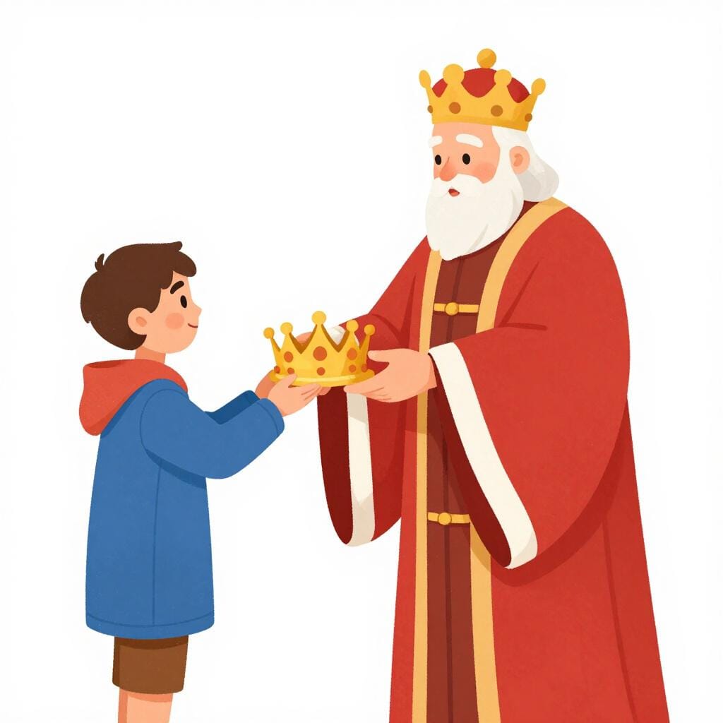 An older king in a royal robe handing a golden crown to a younger man.