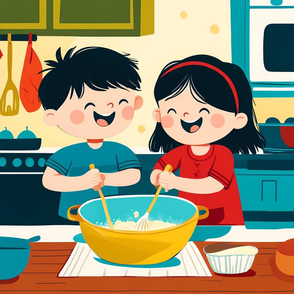 A colorful storybook illustration depicting two children, a boy and a girl, standing at a kitchen counter collaborating to mix cake batter in a large bowl.