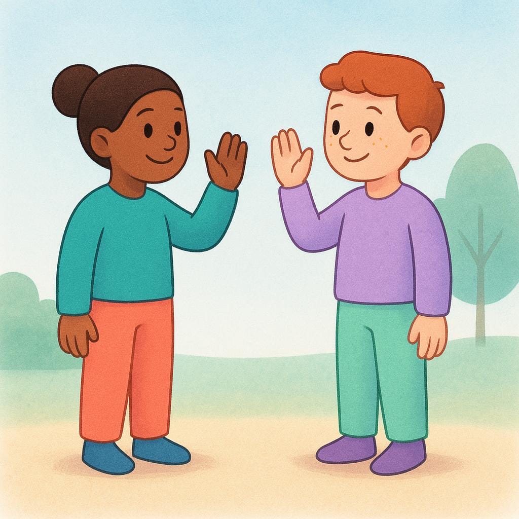 Two stylized, friendly figures facing each other, both raising a hand in a simple wave gesture, symbolizing a greeting.
