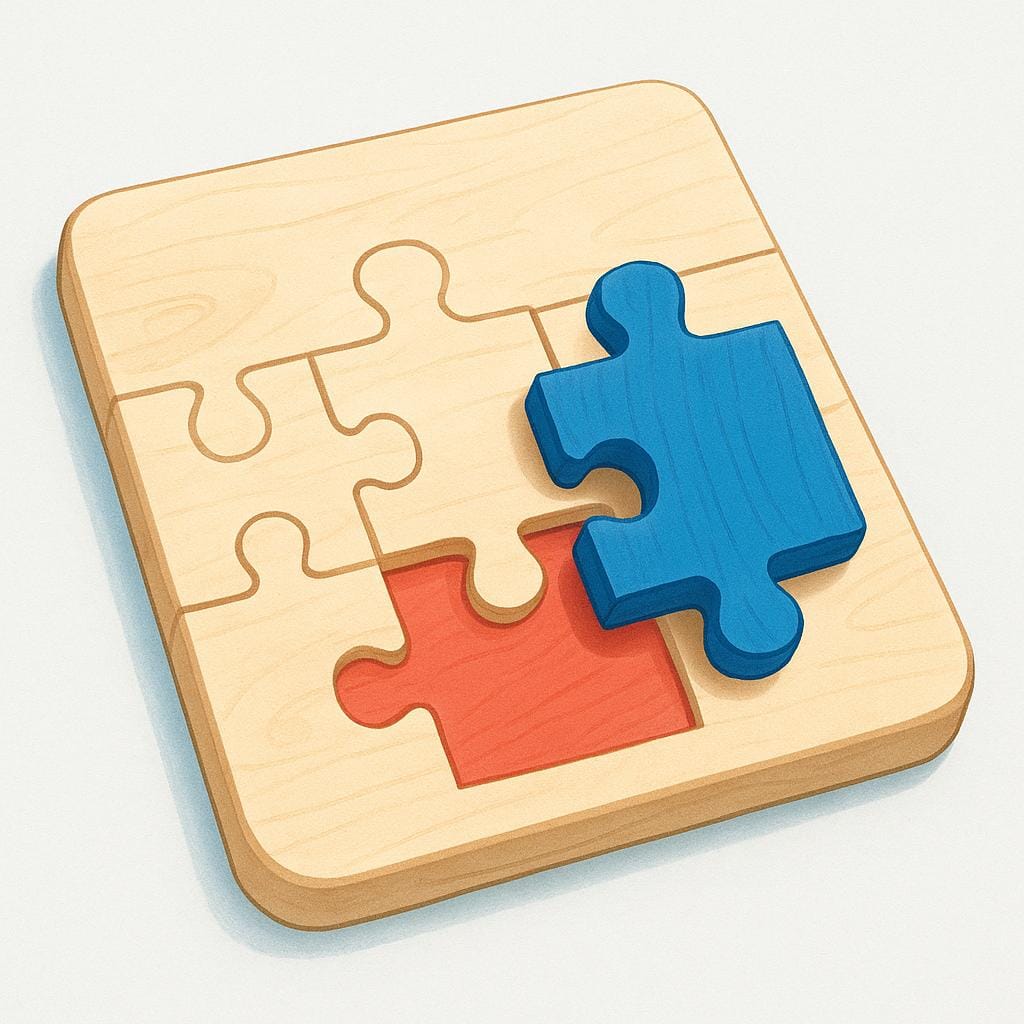 A final, brightly colored puzzle piece is shown fitting perfectly into its corresponding empty spot in a simple wooden puzzle.