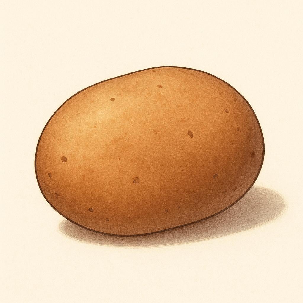 A single, brown, oval potato tuber resting on a surface.
