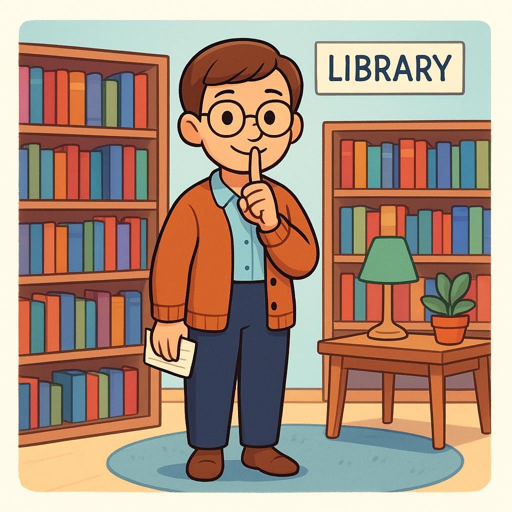 A friendly librarian character making the 'shush' gesture with a finger over their lips, commanding quietness.