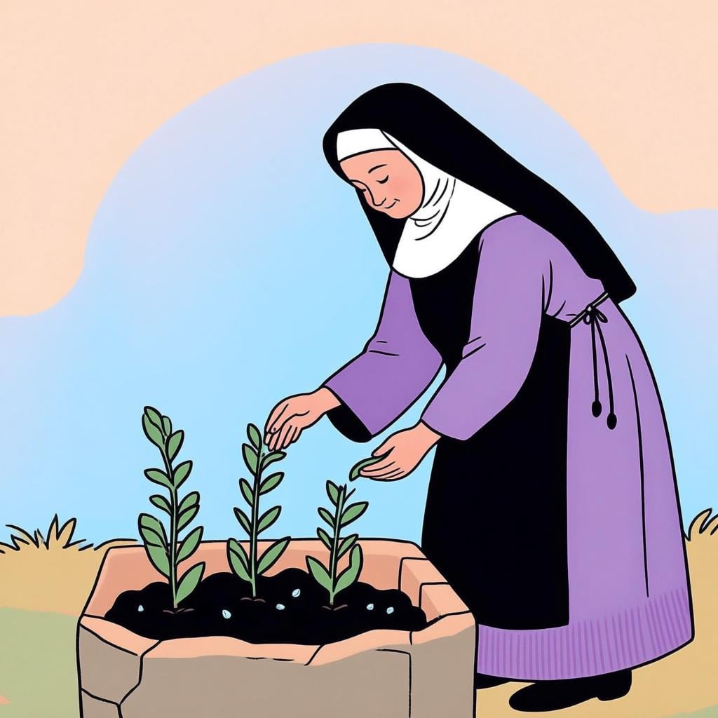 A woman wearing a full traditional nun's habit tending to flowers in a peaceful, simple garden.