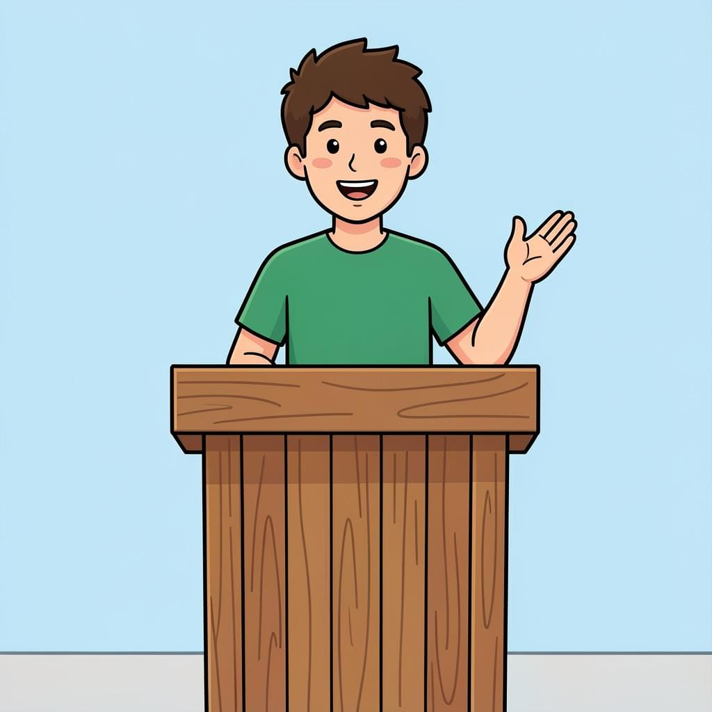 A person standing at a wooden podium speaking into a microphone with a determined expression.