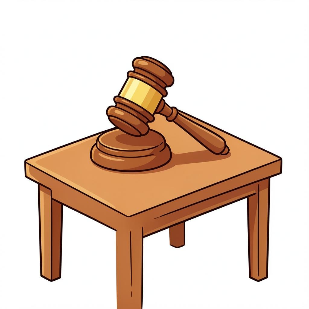 A wooden gavel resting peacefully on a polished wooden table next to a green plant.