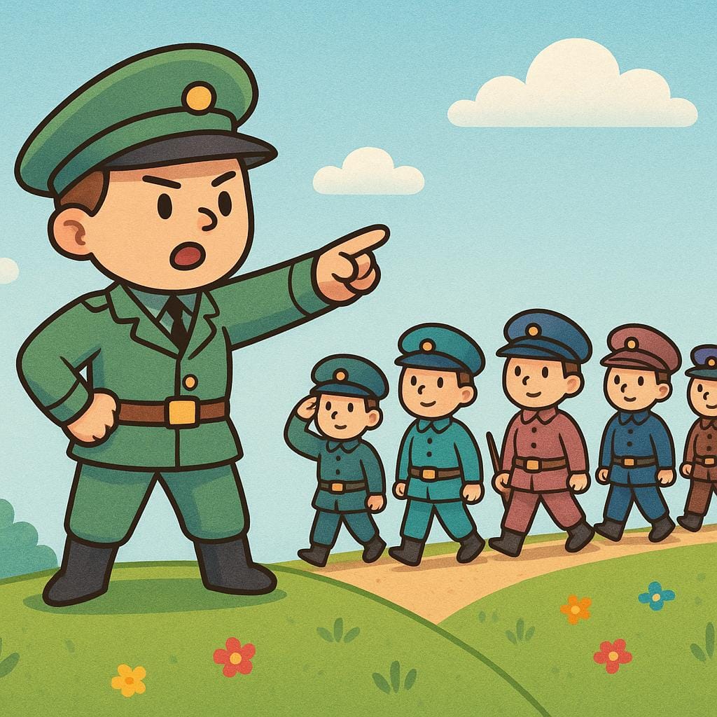 A storybook illustration of a commanding officer pointing forward, giving instructions to soldiers marching behind them.
