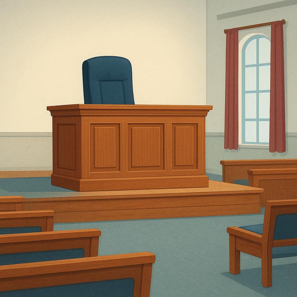 A sturdy wooden judge's bench elevated on a small platform in an empty courtroom setting.