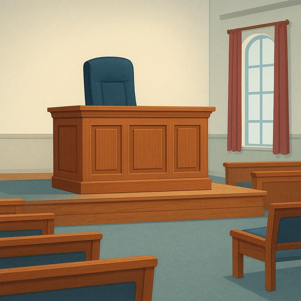 A sturdy wooden judge's bench elevated on a small platform in an empty courtroom setting.