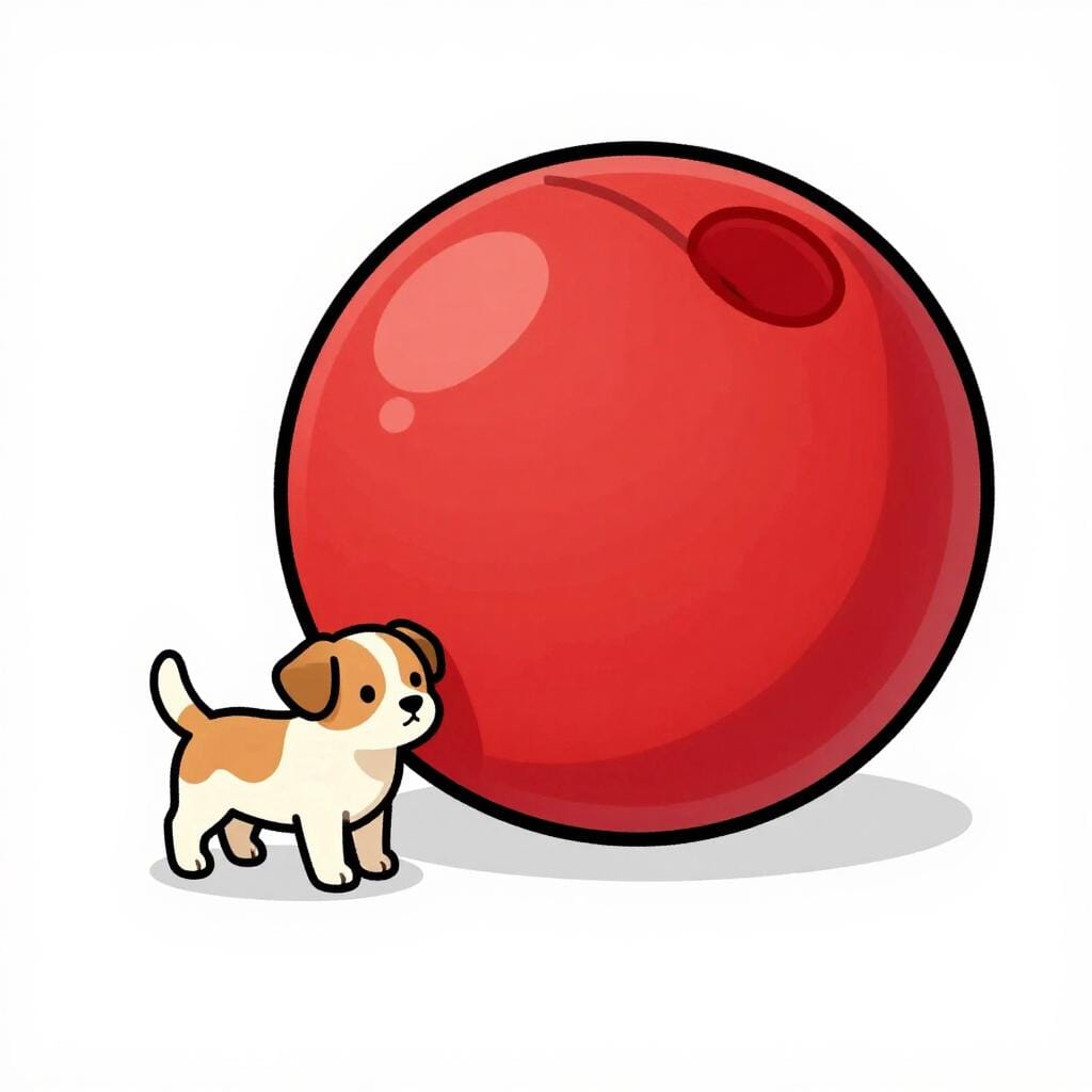 Um cachorrinho muito pequeno e minúsculo em pé ao lado de uma bola vermelha grande e exagerada para mostrar seu pequeno tamanho.