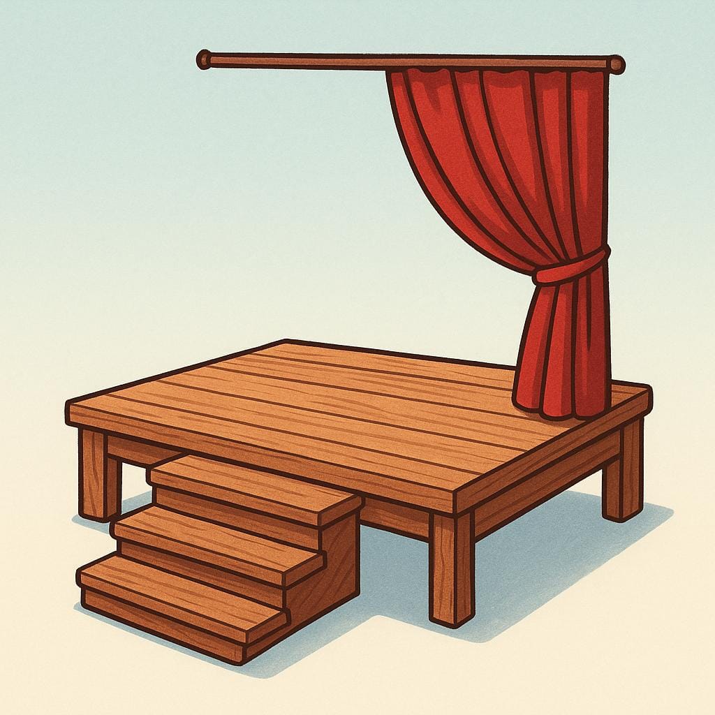 A simple, raised wooden stage structure set against a plain background, illustrating a physical platform.
